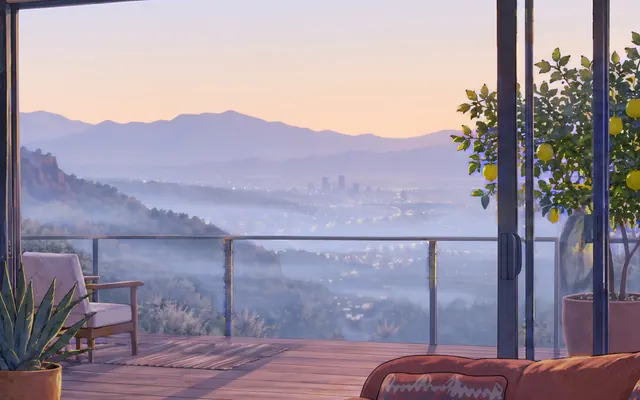 The same view at dawn: pale sky, the city lights fading.