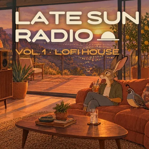 Vol. 1 cover: the Late Sun Radio wordmark over a sunset valley, a jackrabbit and a quail on a terracotta sofa.